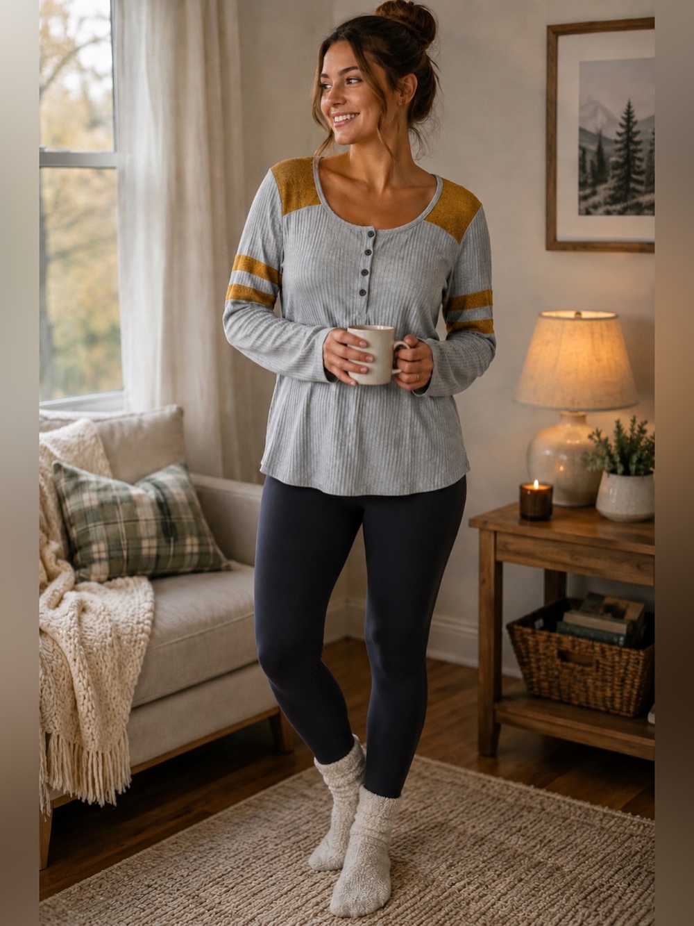 Maurices Thermal Henley in Heather Gray and Mustard with Varsity Stripes
